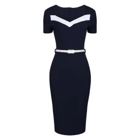 Navy Blue Cream Short Sleeve Belted Nautical Pencil Dress