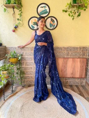 Navy Blue Georgette Sequenced Designer Saree