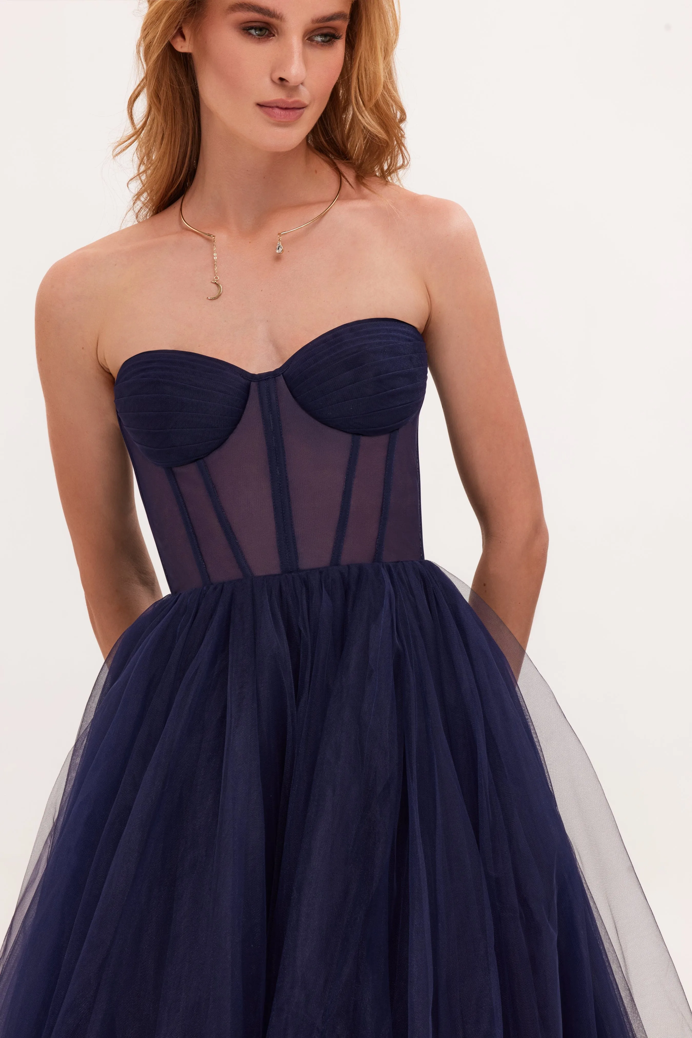 Navy Strapless Puffy Midi Tulle Dress