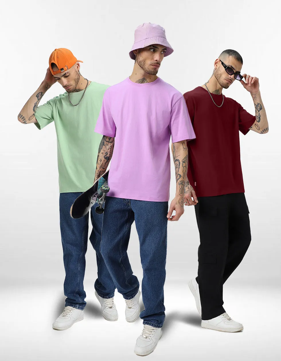 Pack of 3 Oversized Tees: Maroon & Foggreen & Lilac