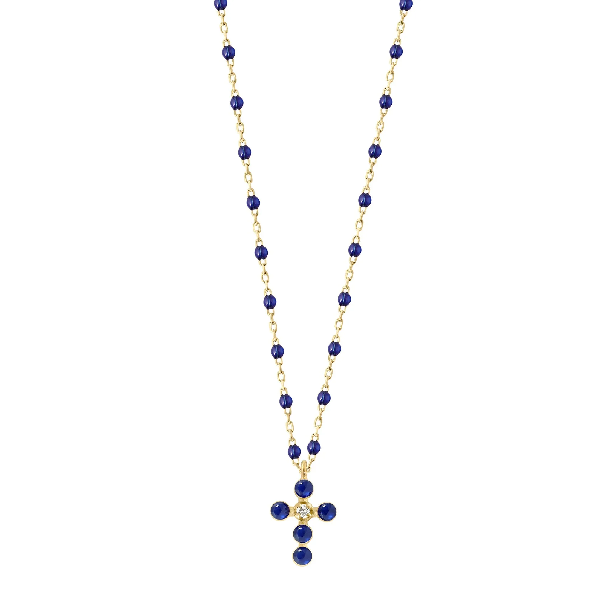 Pearled Cross Diamond Necklace, Lapis, Yellow Gold, 16.5"