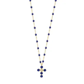 Pearled Cross Diamond Necklace, Lapis, Yellow Gold, 16.5"