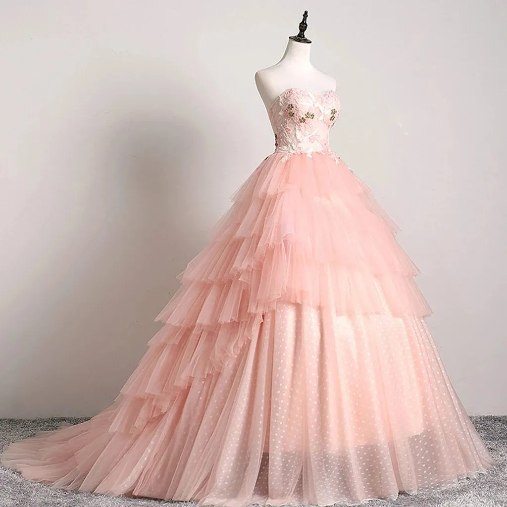 Princess Ball Gown Pink 3D Lace Multi-layered Prom Dresses, Tulle Quinceanera Dresses STK15292