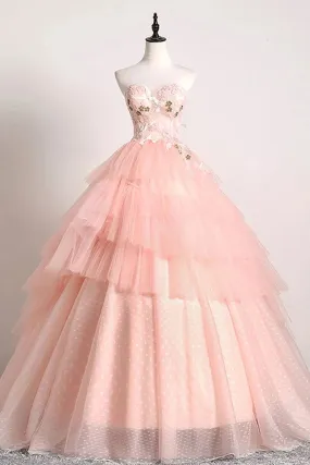 Princess Ball Gown Pink 3D Lace Multi-layered Prom Dresses, Tulle Quinceanera Dresses STK15292