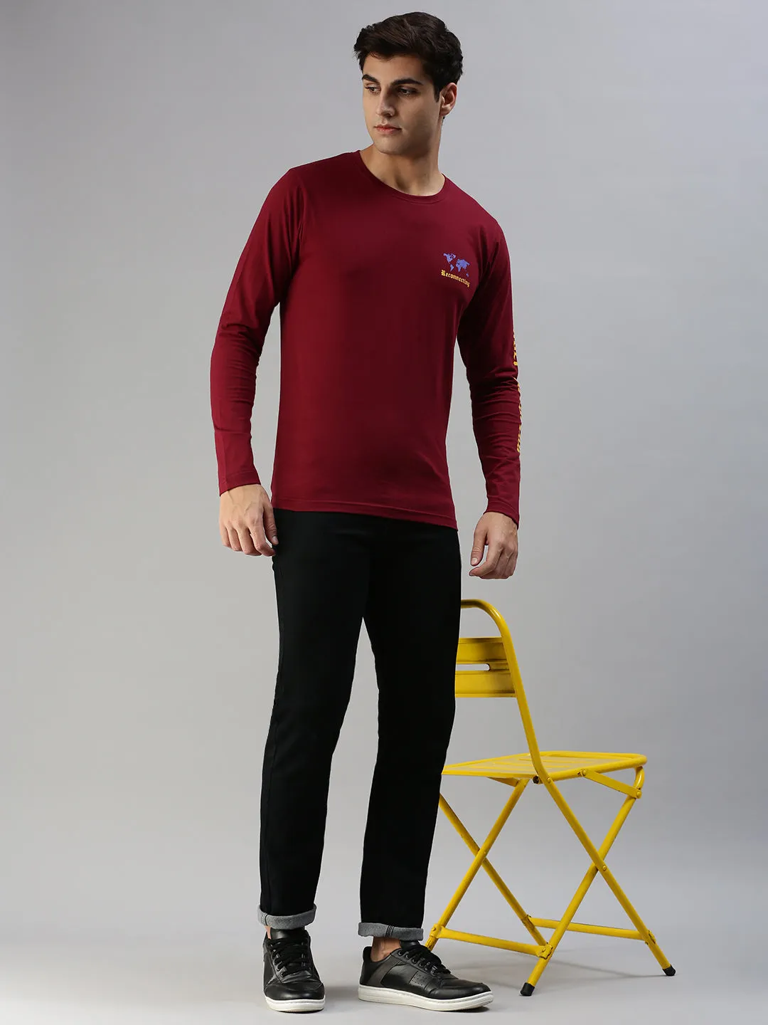 RECONNECTING Maroon Printed Full Sleeve T-Shirt