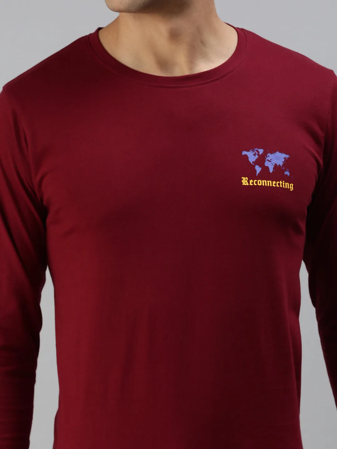 RECONNECTING Maroon Printed Full Sleeve T-Shirt