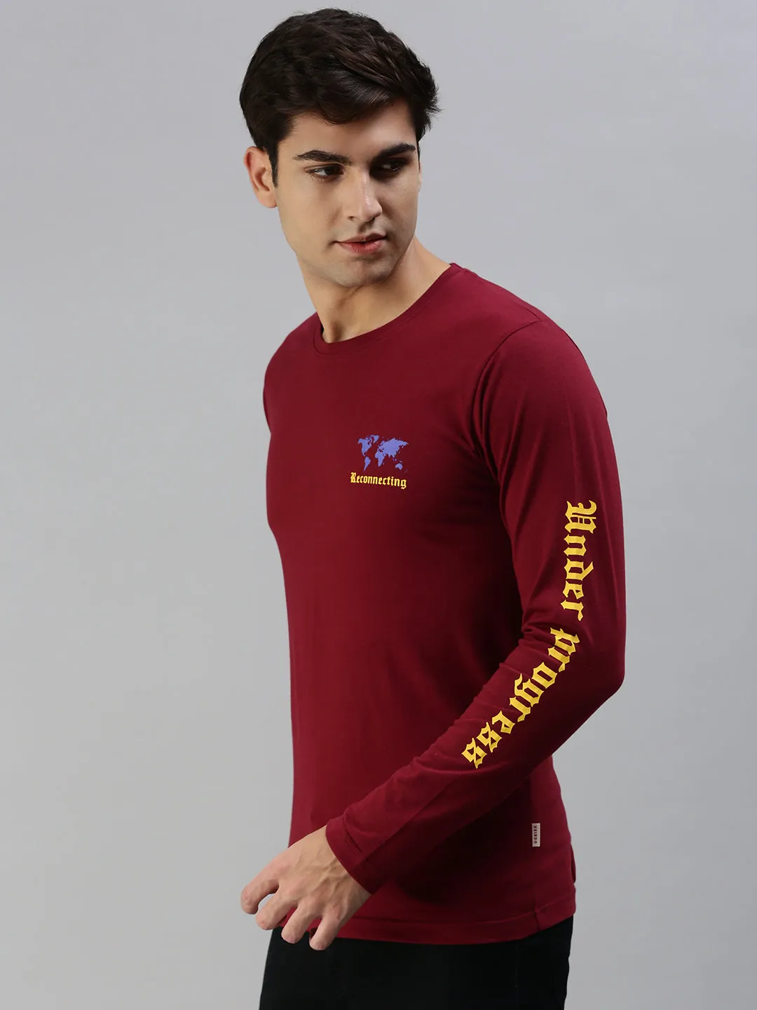 RECONNECTING Maroon Printed Full Sleeve T-Shirt