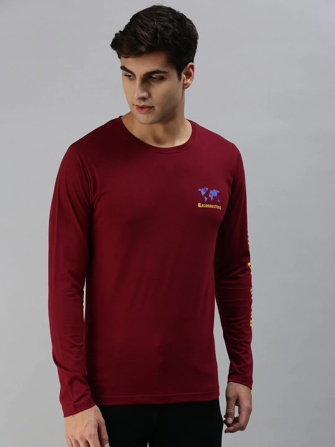 RECONNECTING Maroon Printed Full Sleeve T-Shirt