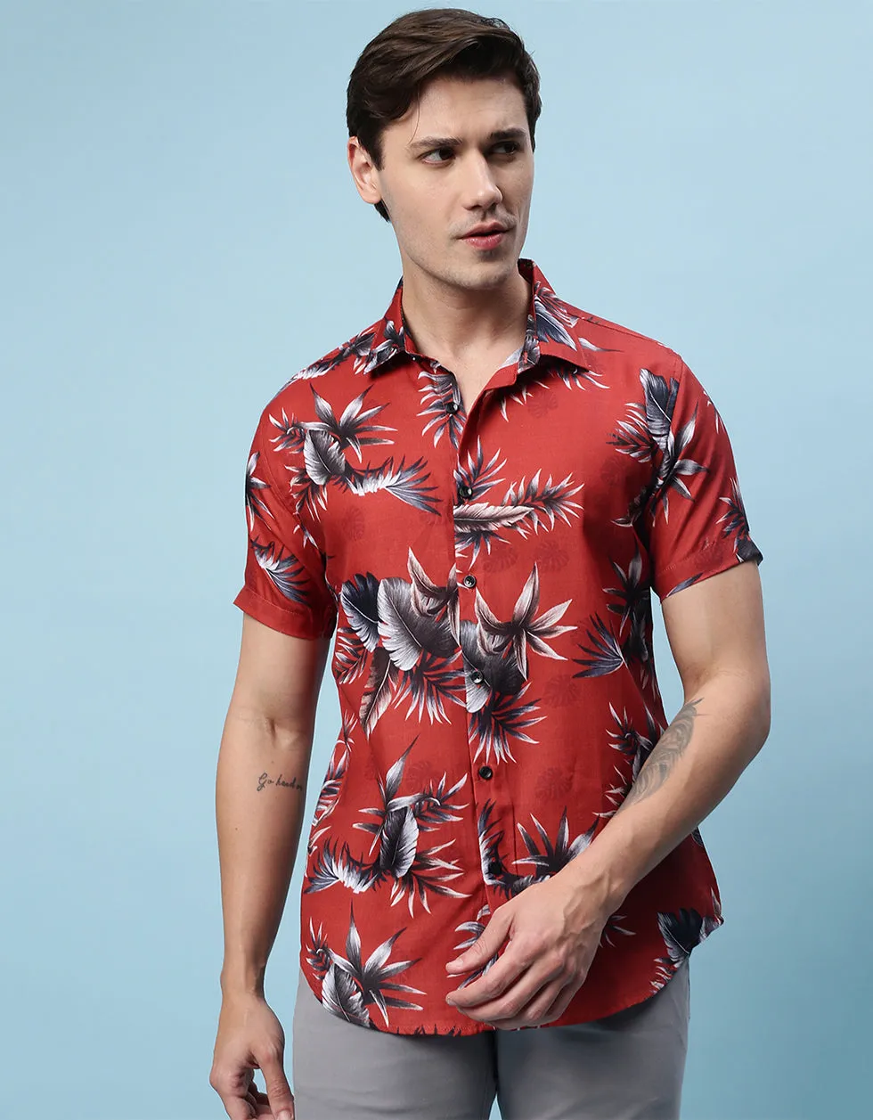 Red Floral Printed Casual Shirt