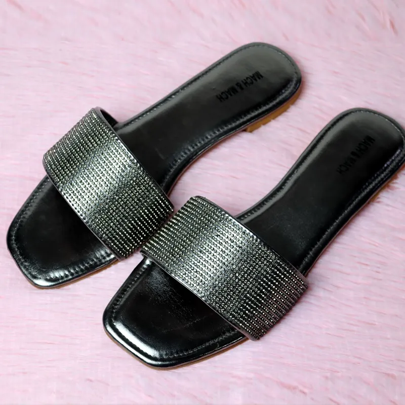 Rhinestone Flat Sandal Blinky Slides-1014