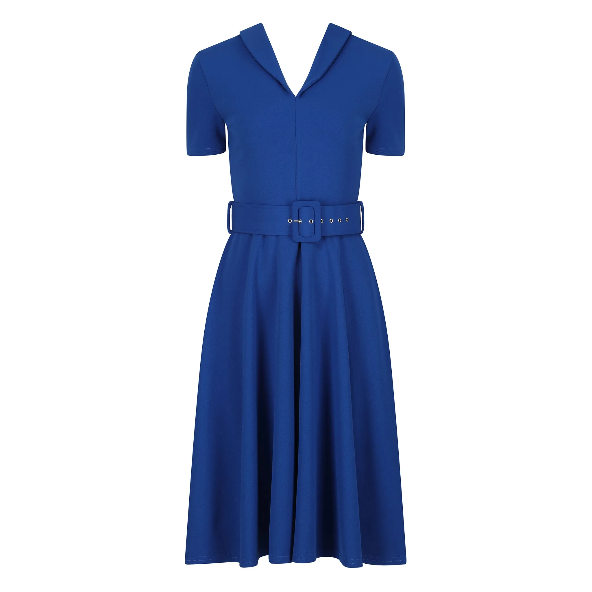 Royal Blue Belted Midi Swing Dress With Collared V Neck