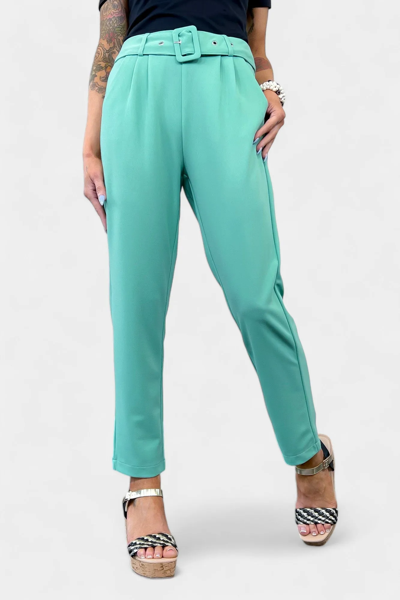 Sage Belted Stretch Pants