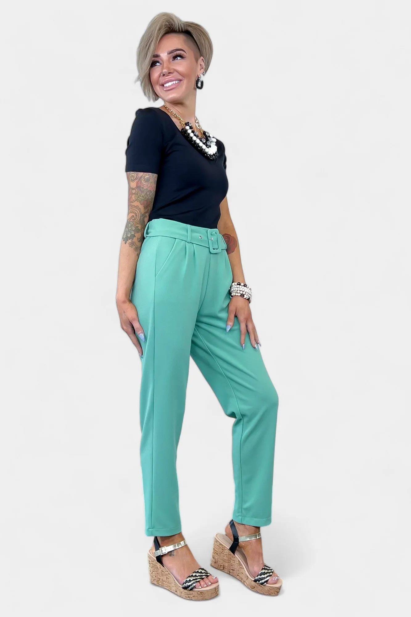 Sage Belted Stretch Pants