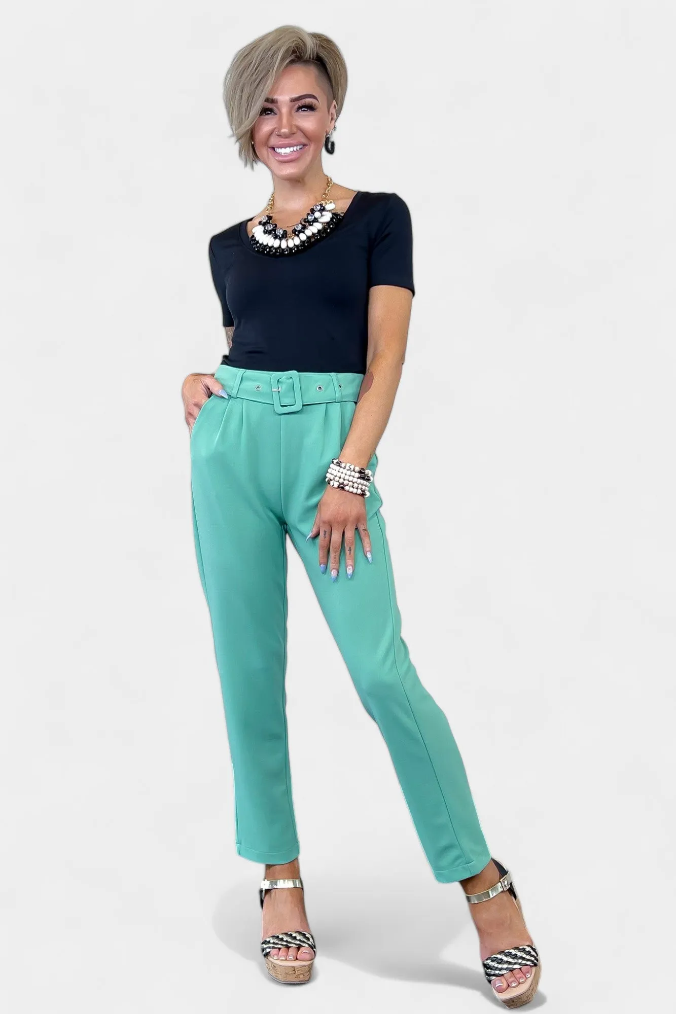 Sage Belted Stretch Pants