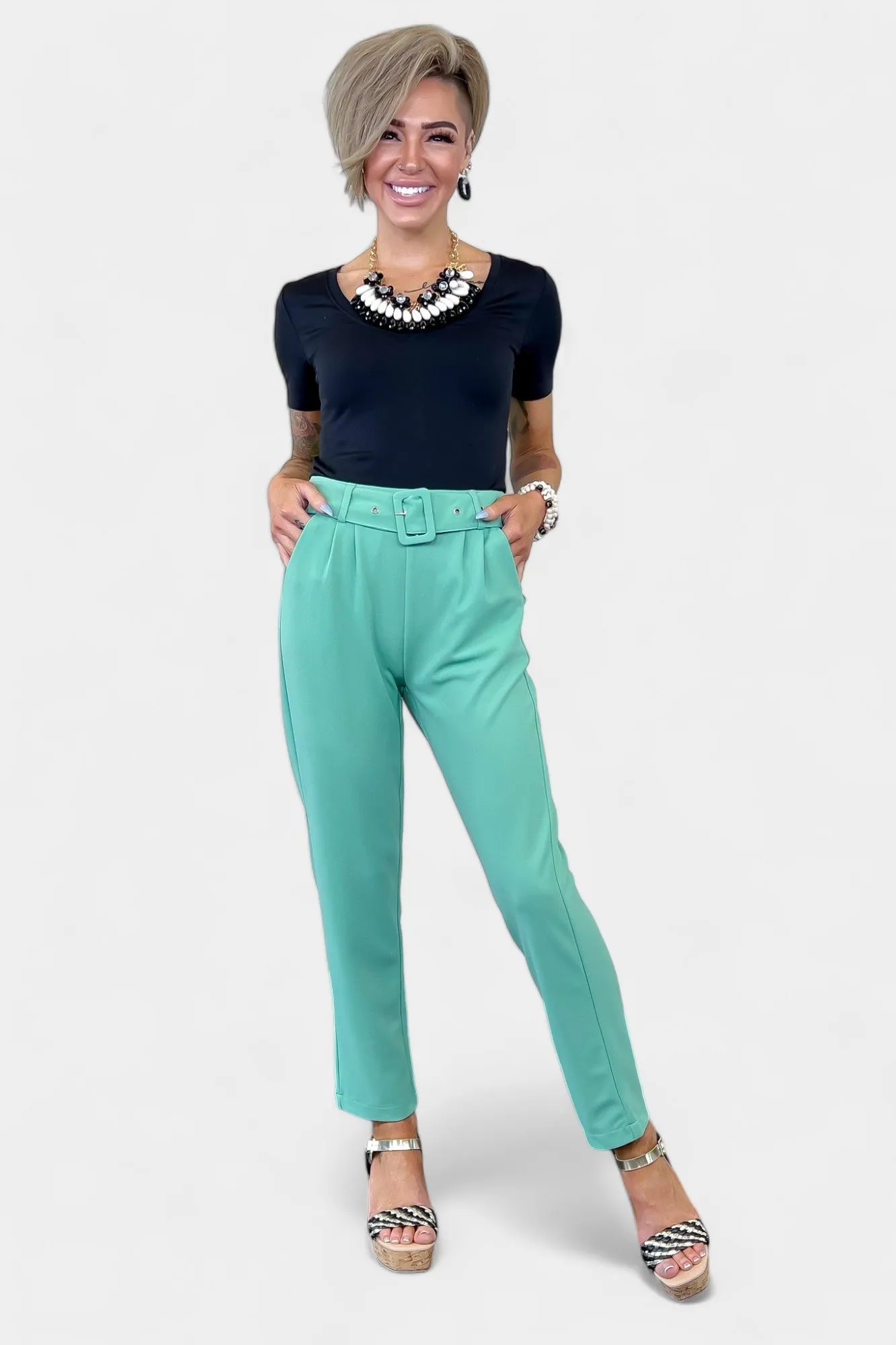 Sage Belted Stretch Pants