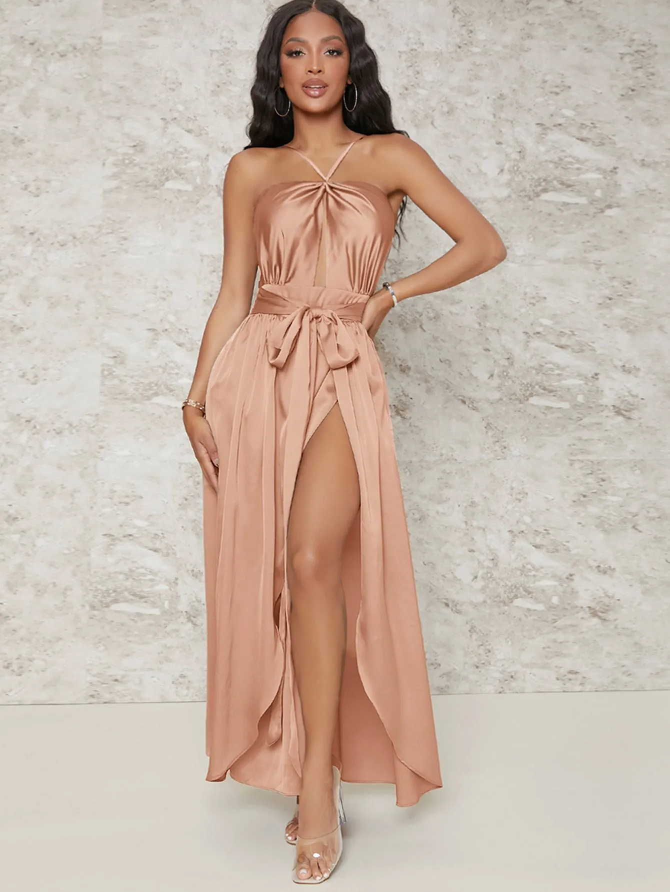 Satin Backless Cut Out Belted Split Thigh Dress