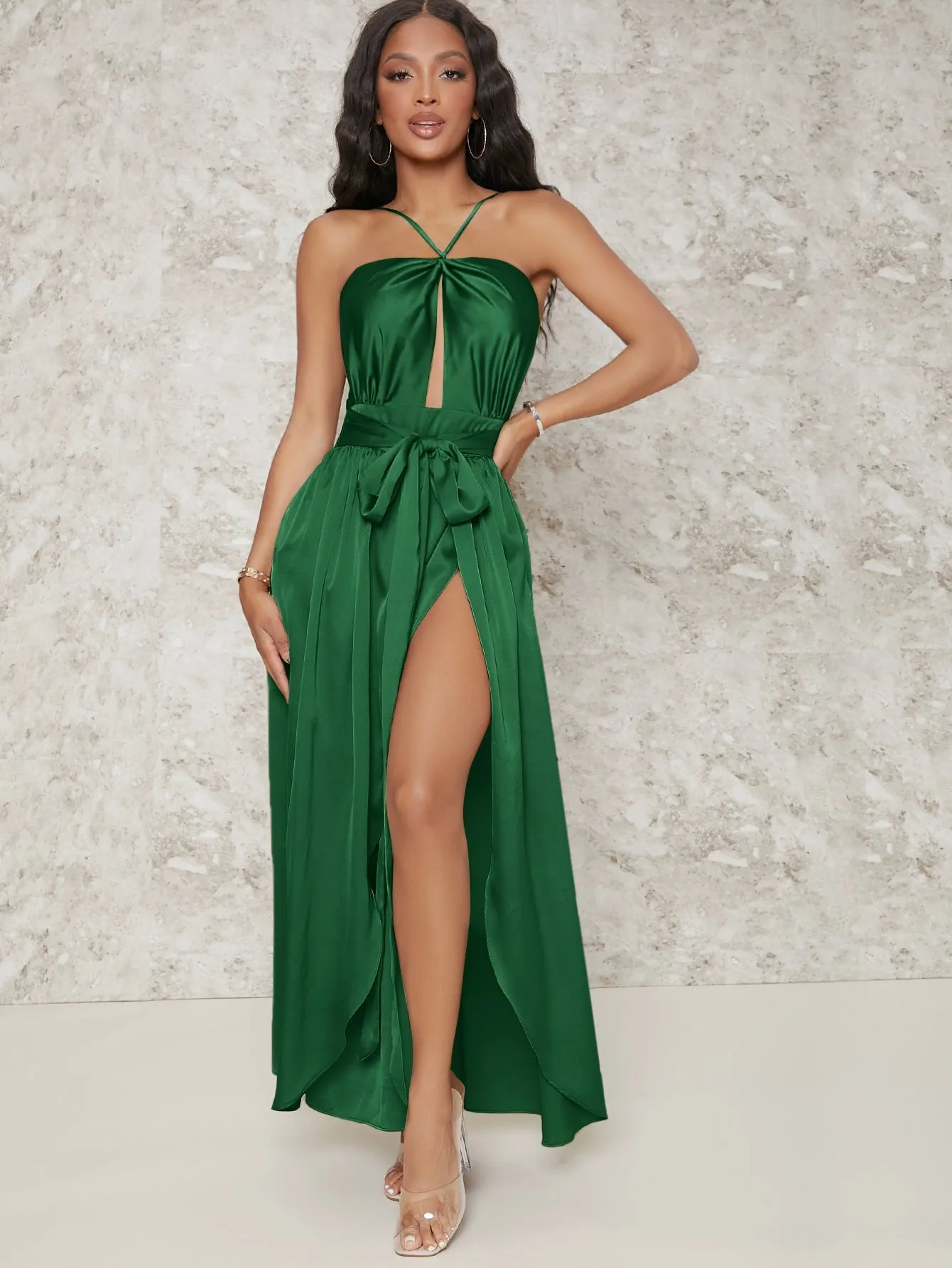 Satin Backless Cut Out Belted Split Thigh Dress