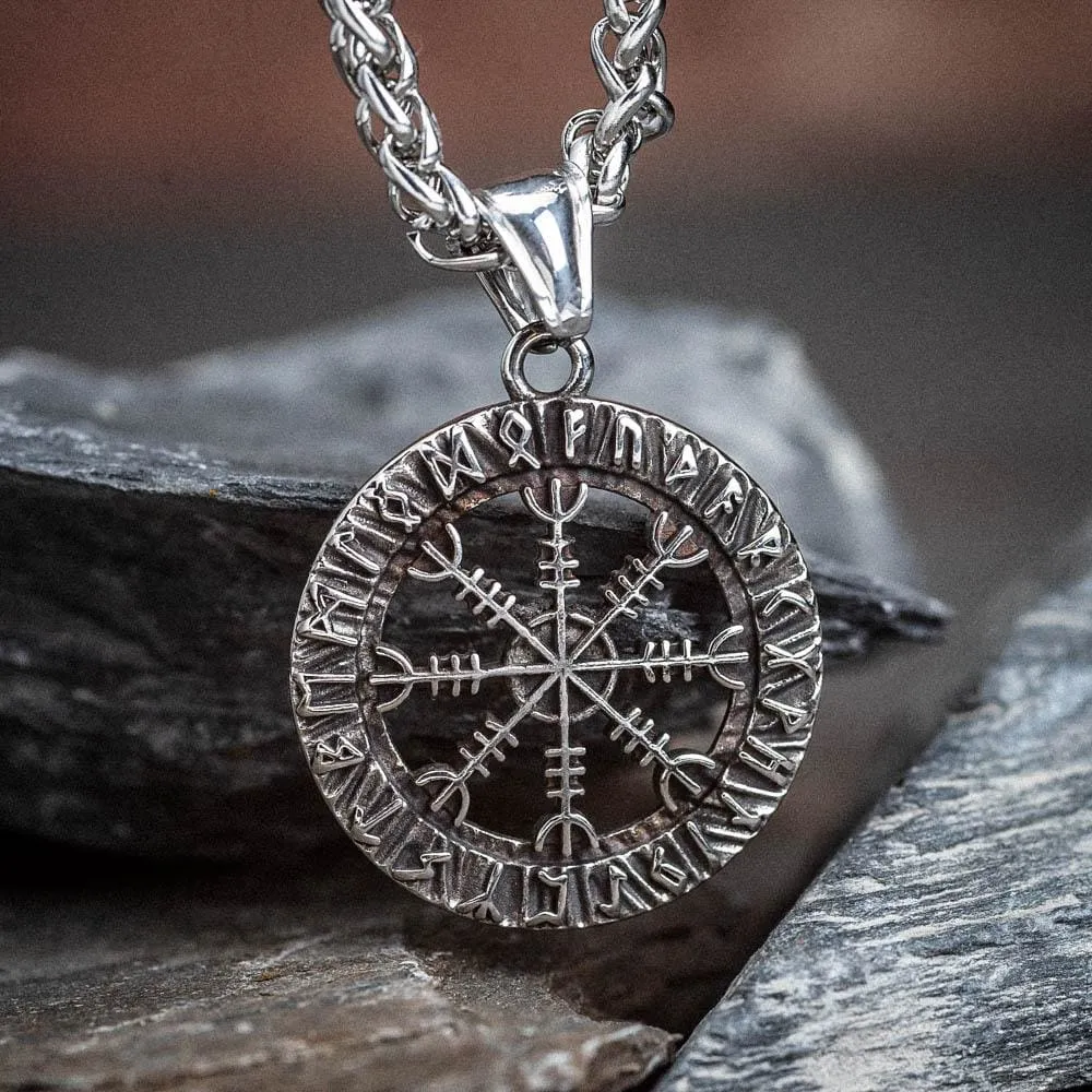 Small Circular Stainless Steel Helm of Awe and Runes Pendant