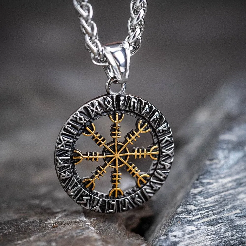 Small Circular Stainless Steel Helm of Awe and Runes Pendant