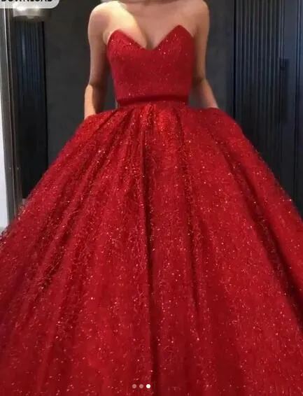 Sparkly Ball Gown Burgundy Strapless Sweetheart Prom Dresses, Long Quinceanera Dresses STK15428