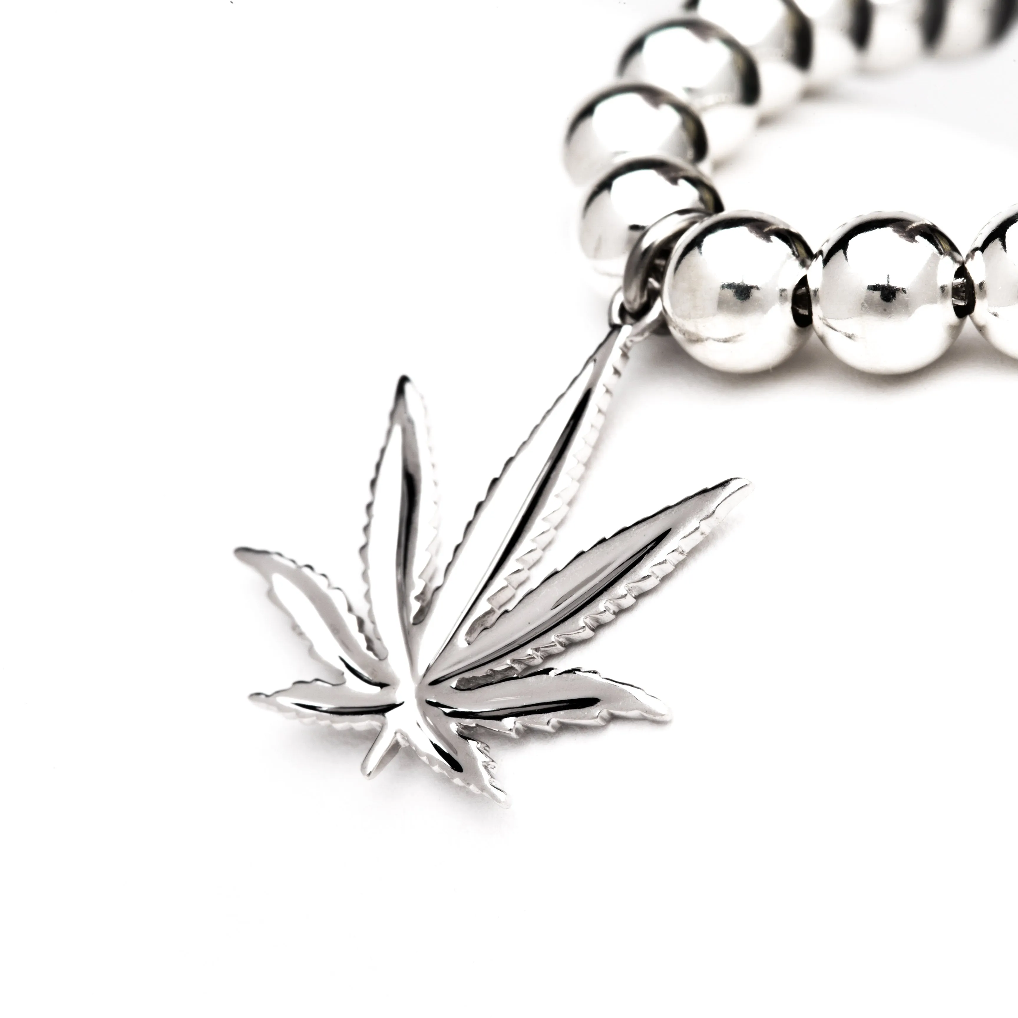 Sterling Silver Sativa Leaf Classic Pendant - Silver Beaded Necklace