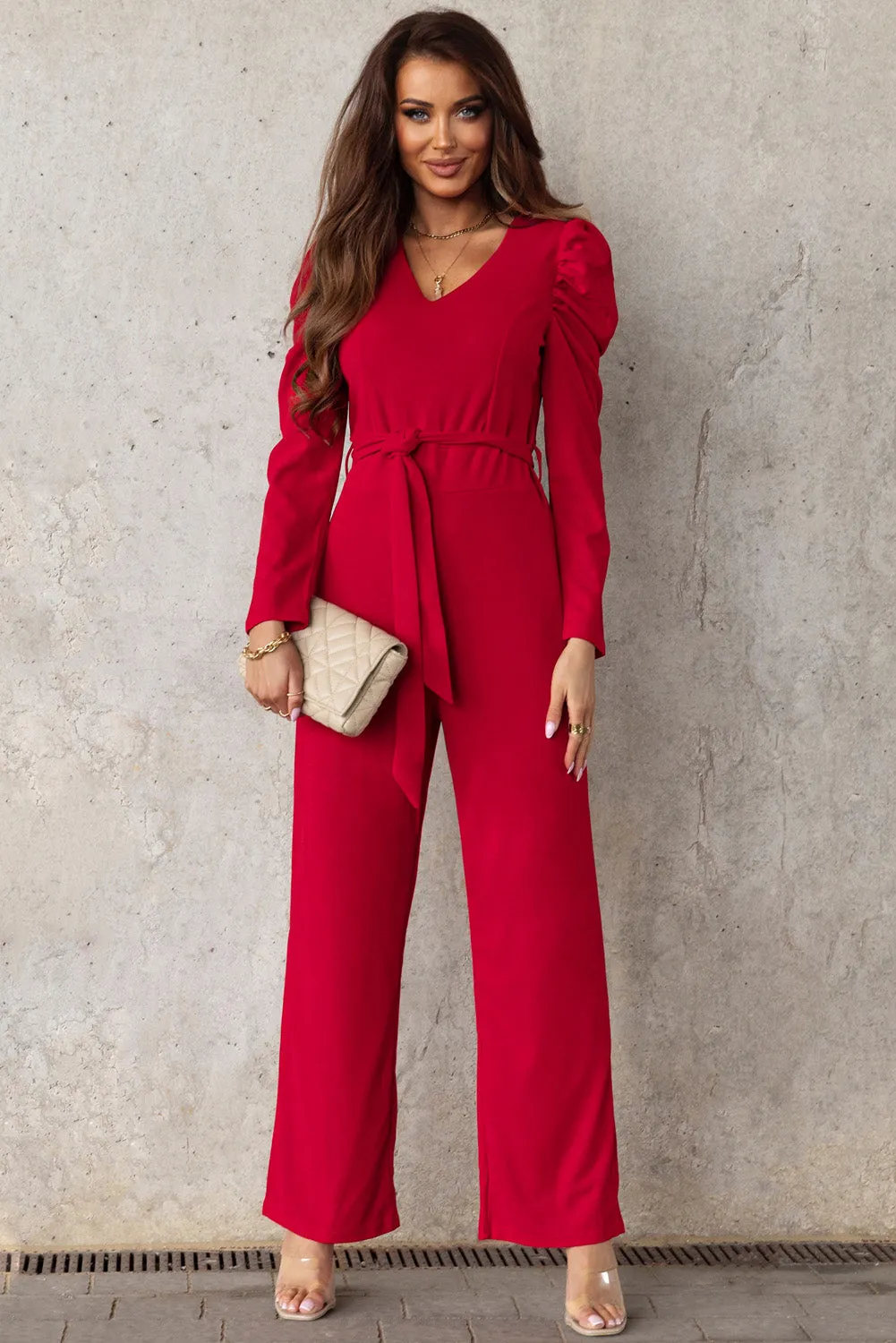 Sunset and Swim Belted Long Puff Sleeve V-Neck Jumpsuit