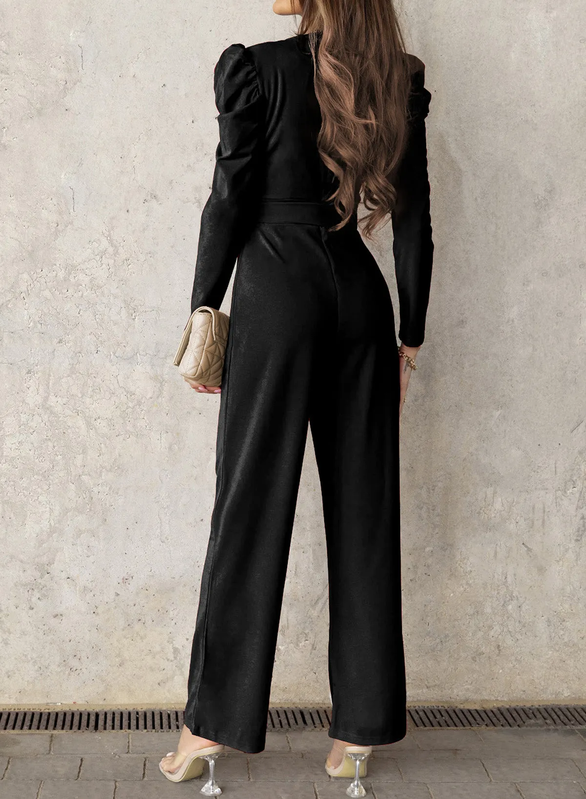 Sunset and Swim Belted Long Puff Sleeve V-Neck Jumpsuit