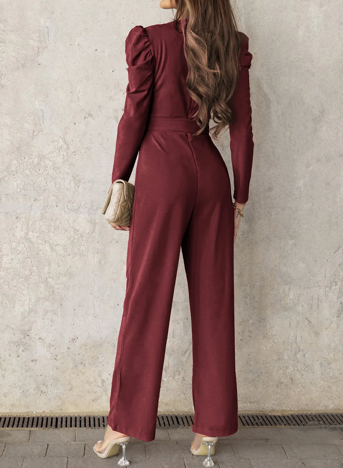 Sunset and Swim Belted Long Puff Sleeve V-Neck Jumpsuit