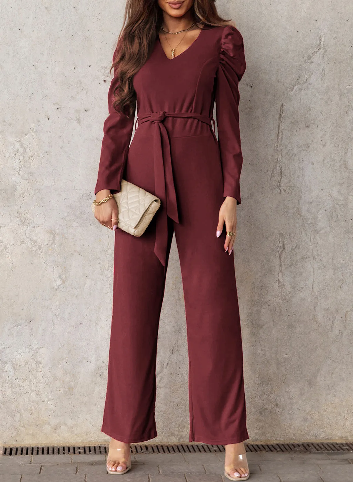 Sunset and Swim Belted Long Puff Sleeve V-Neck Jumpsuit