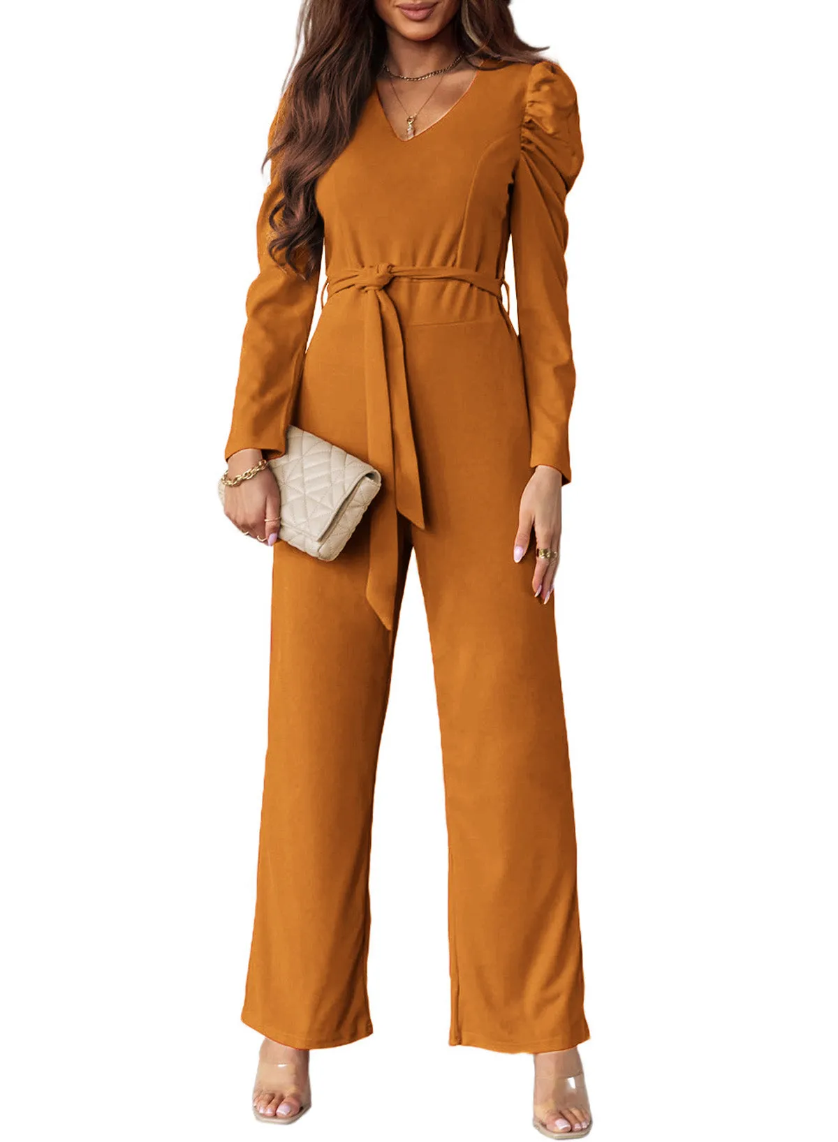 Sunset and Swim Belted Long Puff Sleeve V-Neck Jumpsuit