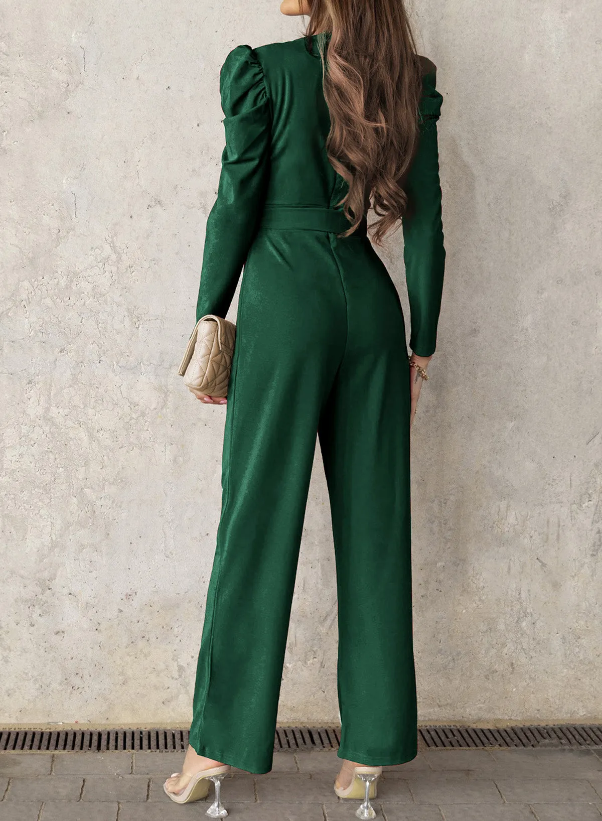 Sunset and Swim Belted Long Puff Sleeve V-Neck Jumpsuit