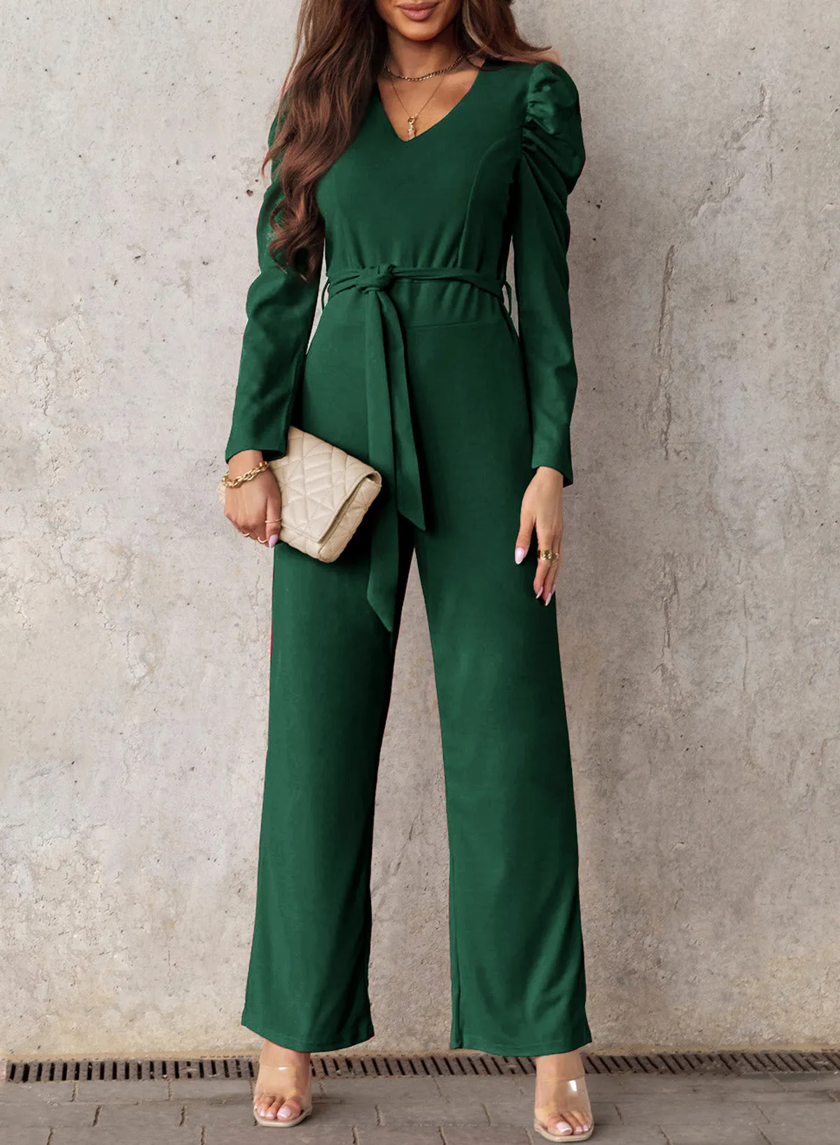 Sunset and Swim Belted Long Puff Sleeve V-Neck Jumpsuit