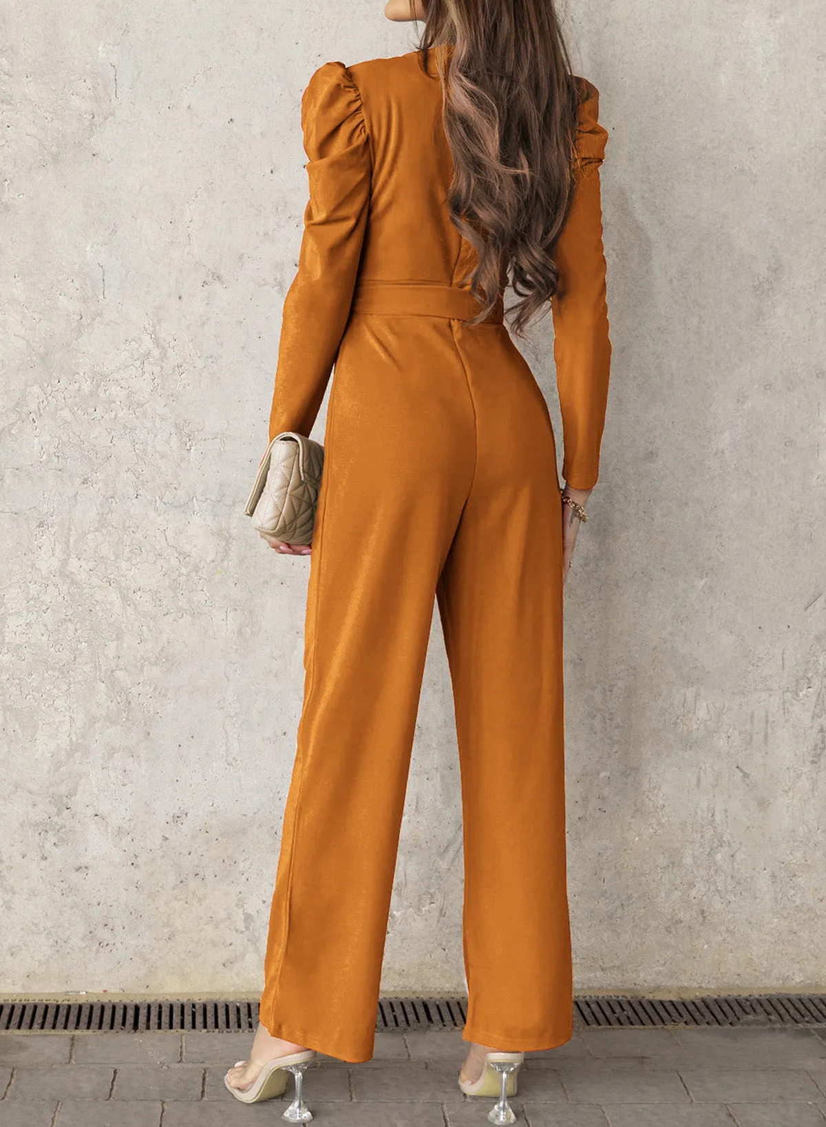 Sunset and Swim Belted Long Puff Sleeve V-Neck Jumpsuit