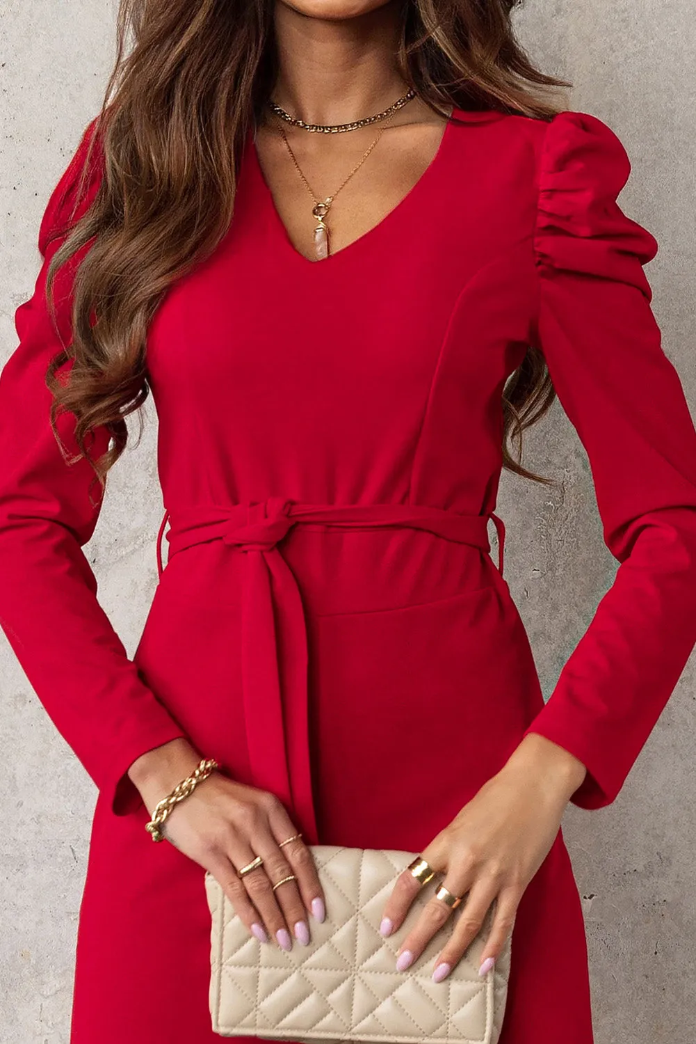 Sunset and Swim Belted Long Puff Sleeve V-Neck Jumpsuit