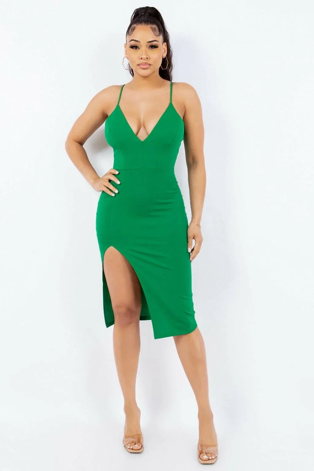 Talia Belted Eleggant Midi Dress-Green