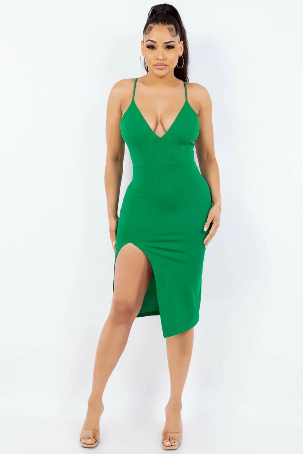 Talia Belted Eleggant Midi Dress-Green