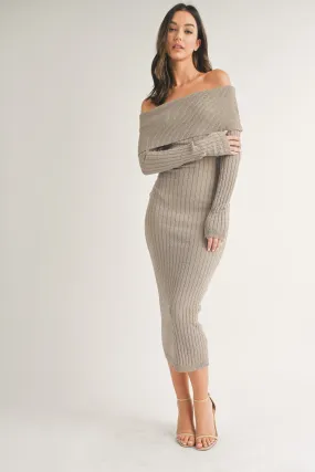 Taupe Rib Knit Off Shoulder Maxi Dress