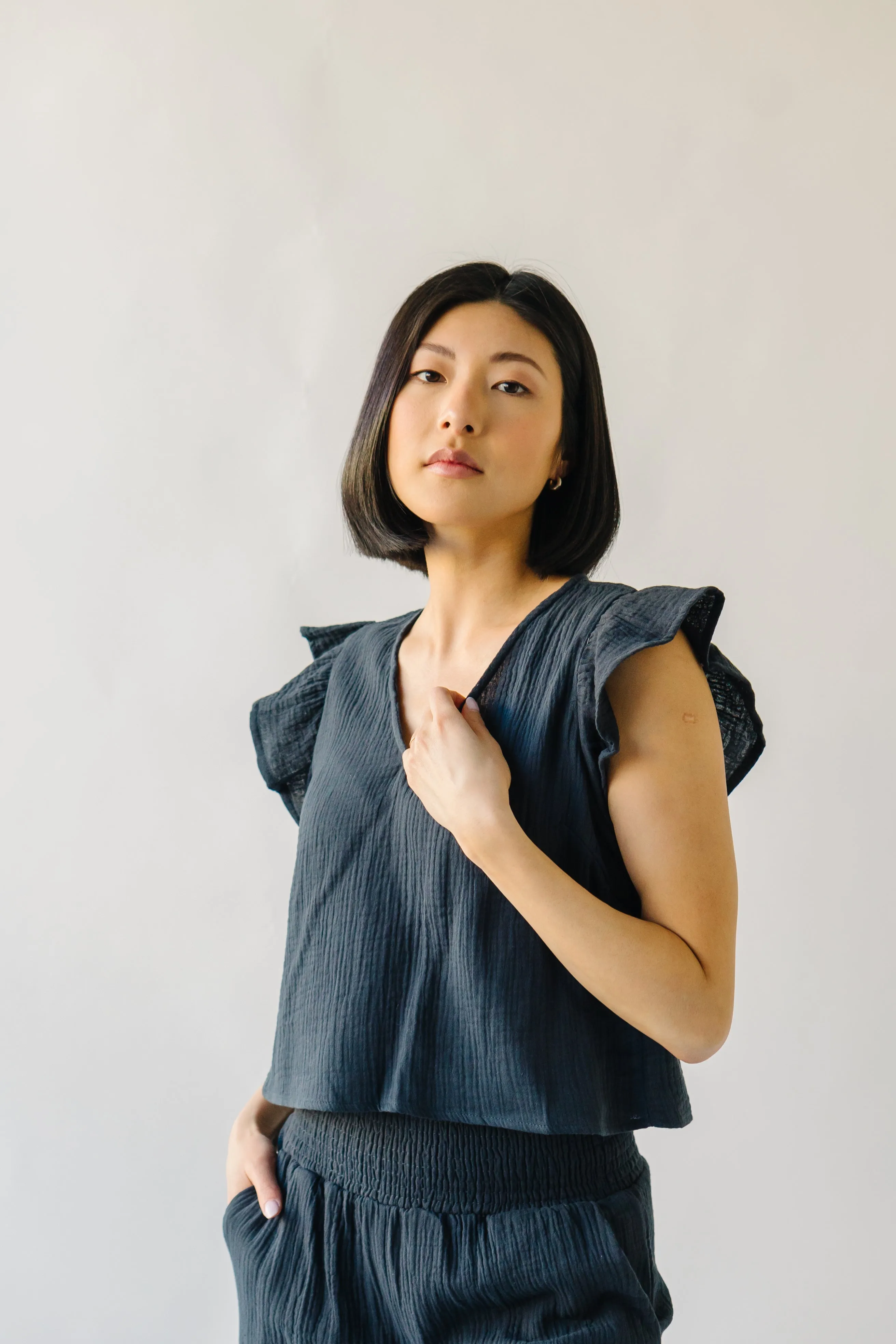 The Danica Ruffle Detail Gauze Blouse in Navy