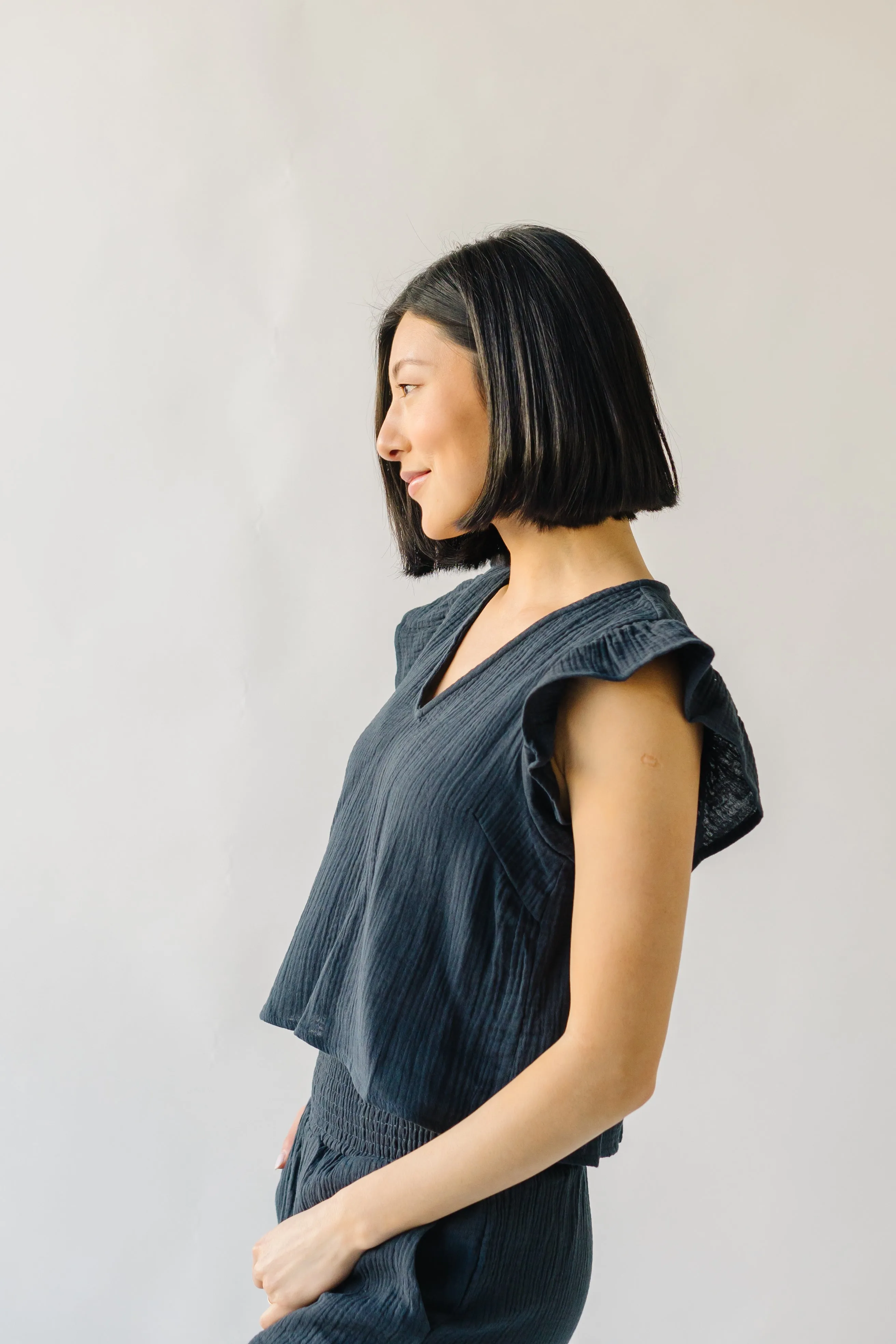 The Danica Ruffle Detail Gauze Blouse in Navy