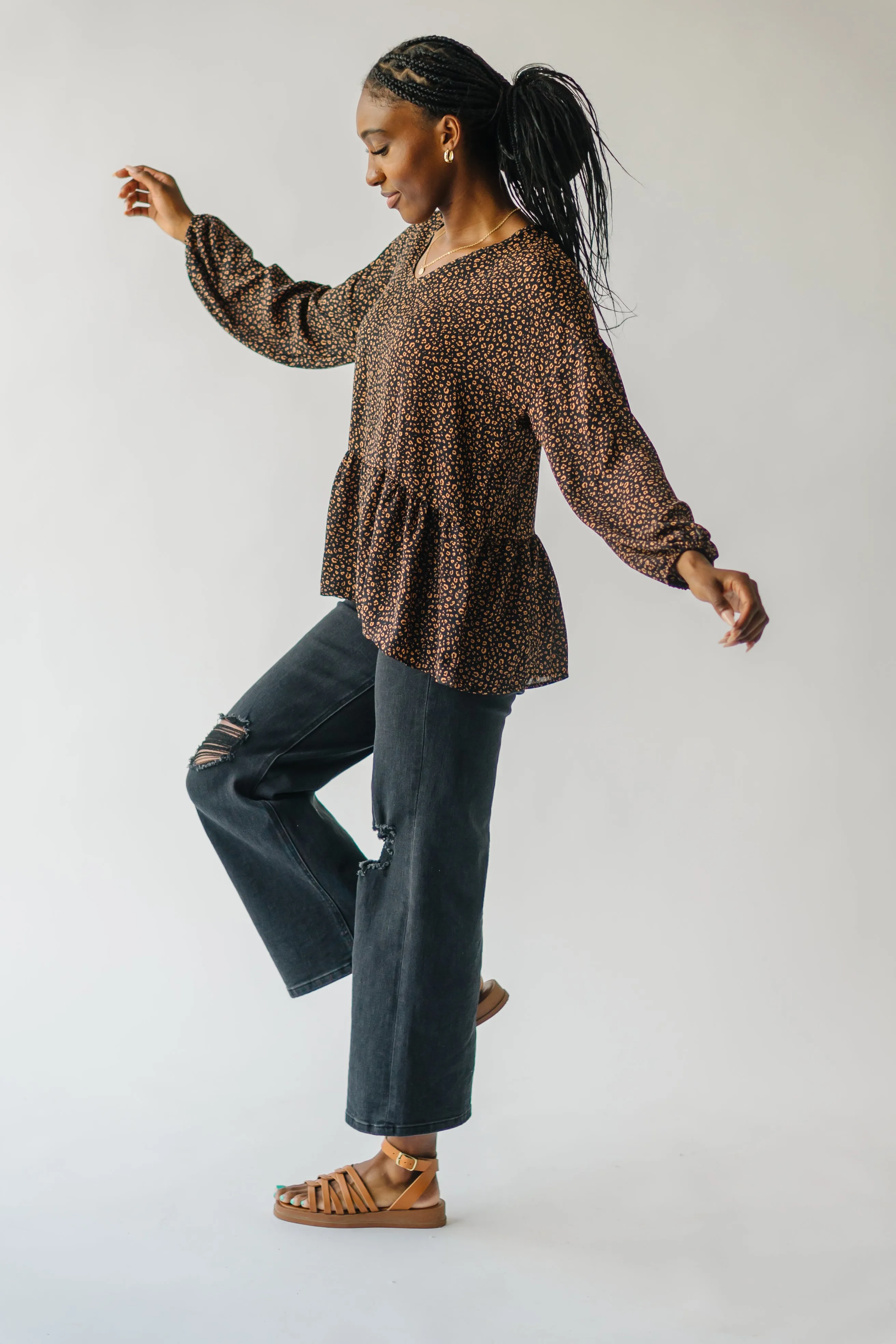 The Solana V-Neck Cheetah Peplum in Black   Terracotta