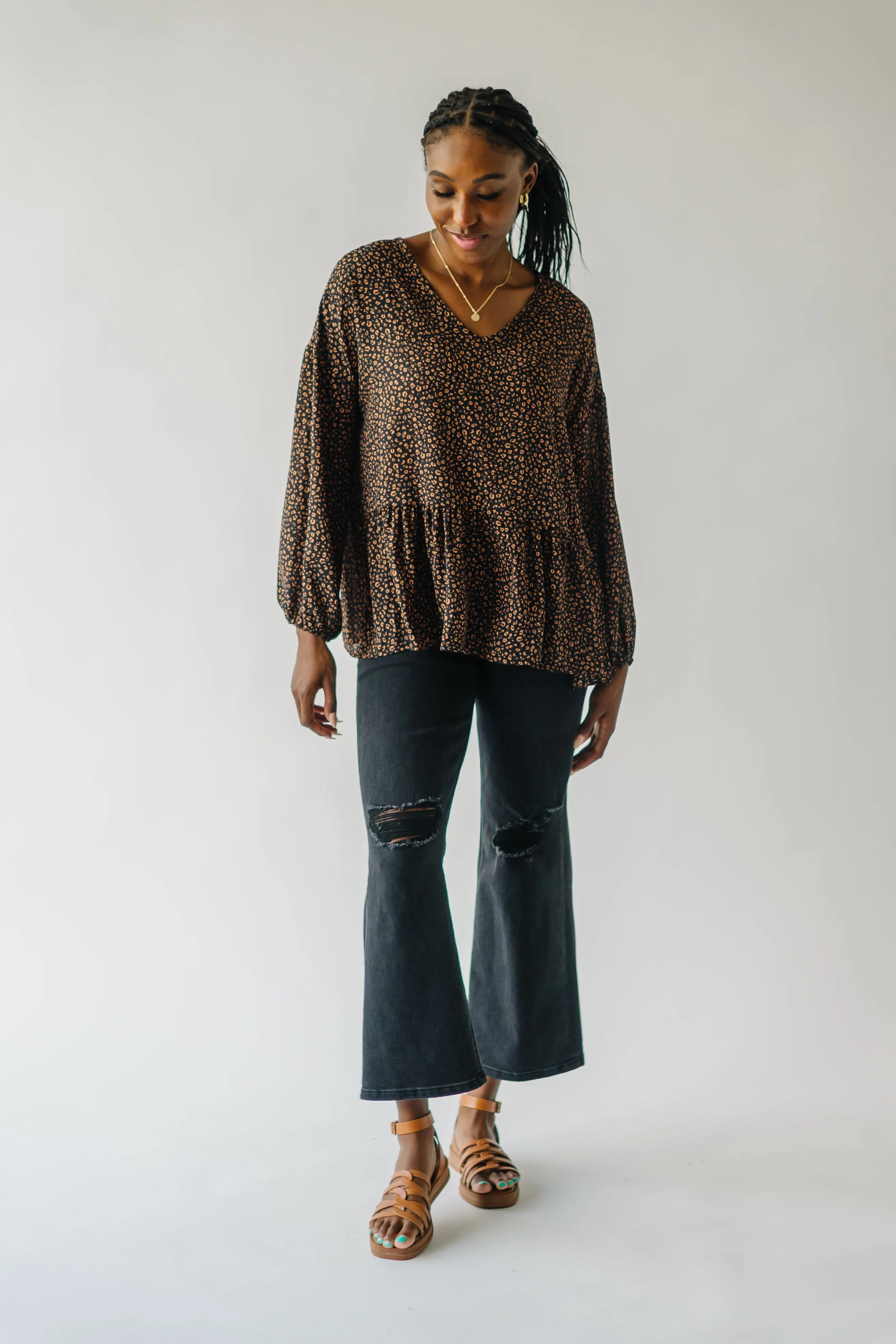 The Solana V-Neck Cheetah Peplum in Black   Terracotta