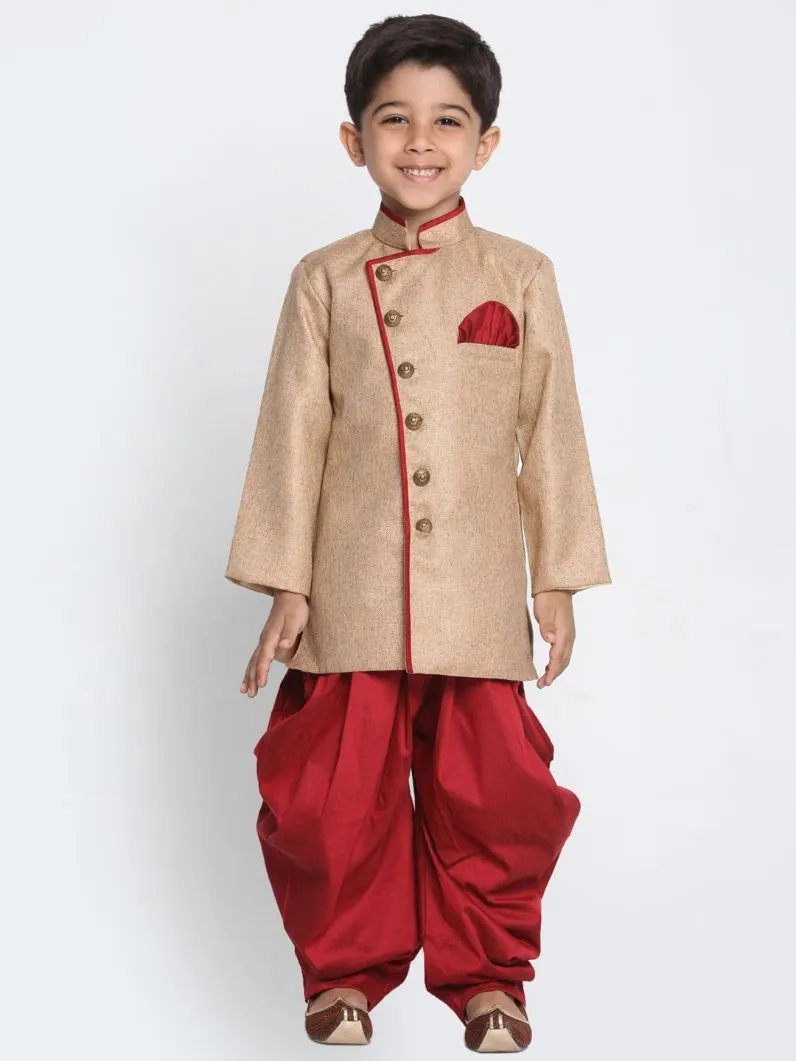 Vastramay Boy's Brown Jute Silk Blend Sherwani Set