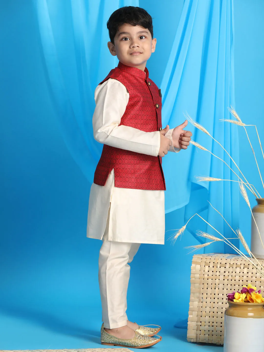 VASTRAMAY Boy's Maroon Woven Jacket With Cream Kurta and Pyjama Set