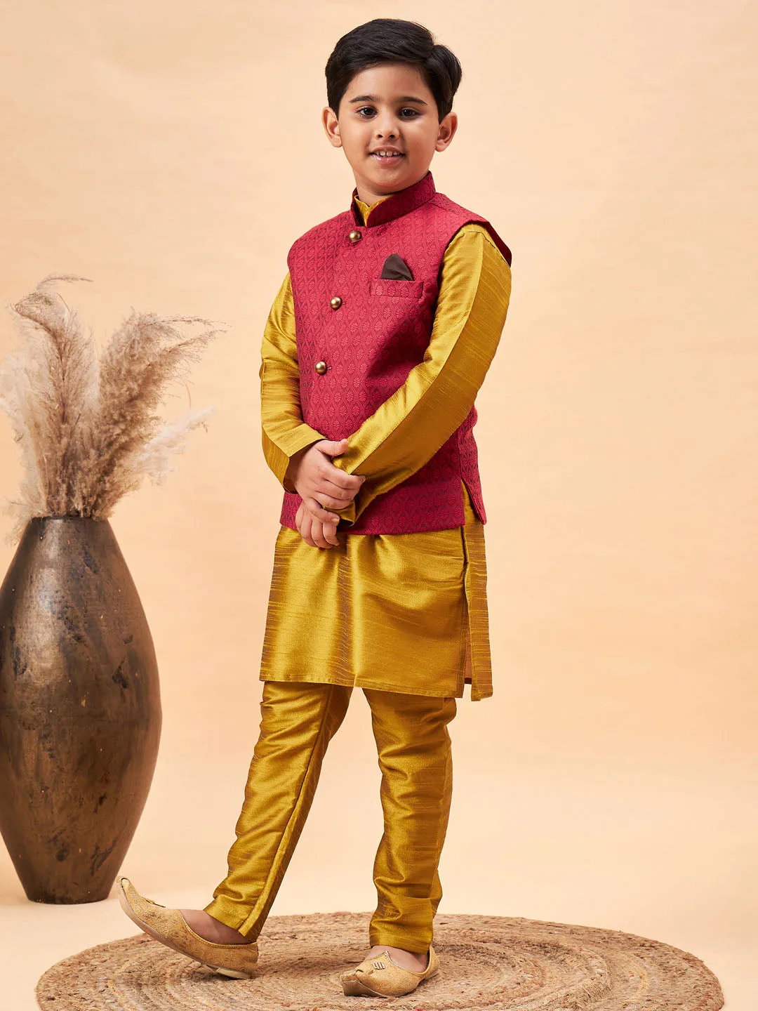 VASTRAMAY Boy's Maroon Woven Jacket With Mustard Kurta and Pyjama Set