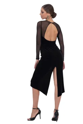 Velvet Open Back Tango Dress With Mesh Décolletage & Sleeves