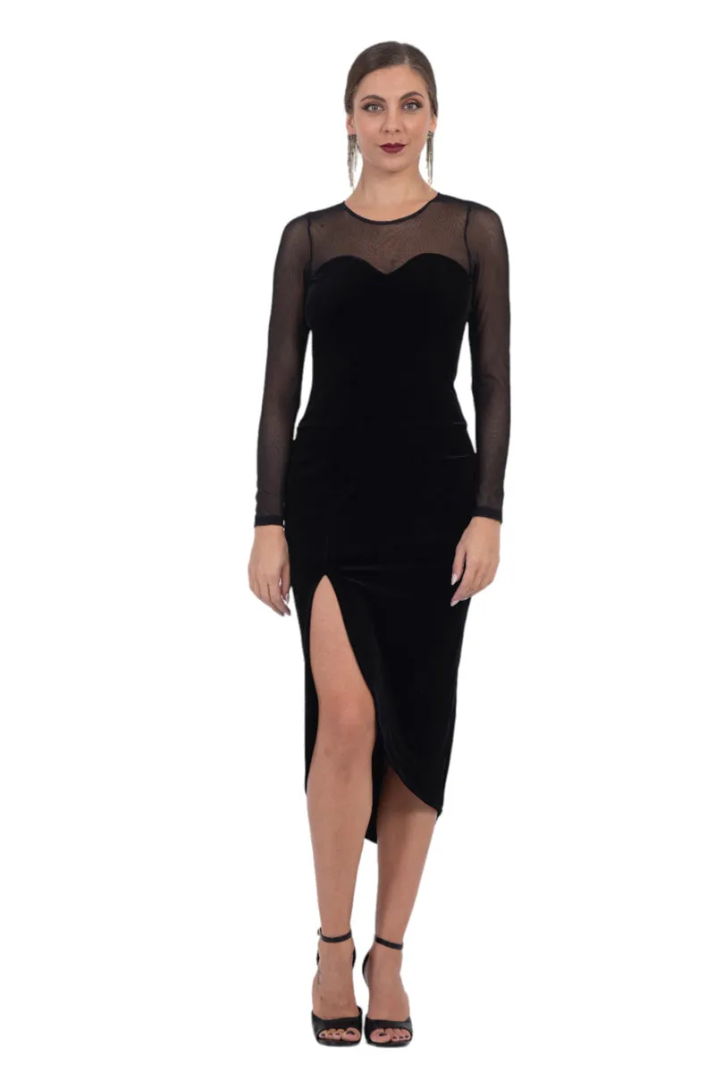 Velvet Open Back Tango Dress With Mesh Décolletage & Sleeves