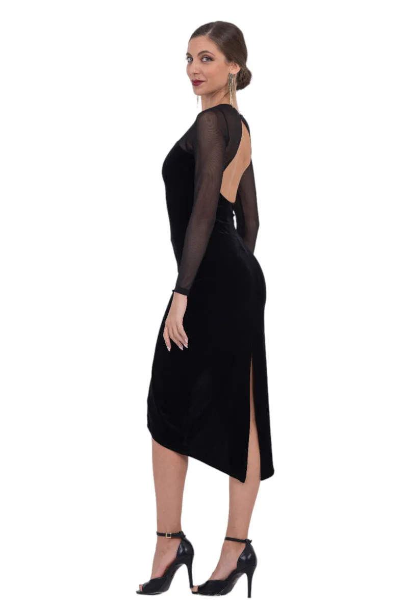 Velvet Open Back Tango Dress With Mesh Décolletage & Sleeves