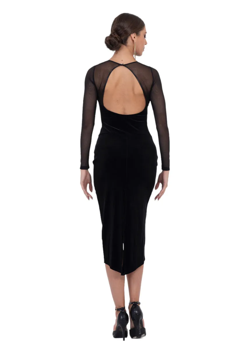 Velvet Open Back Tango Dress With Mesh Décolletage & Sleeves