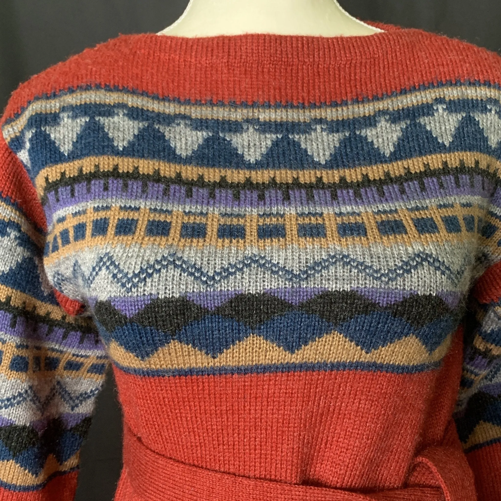 Vintage 1970s Southwestern Sweater by Western Fareast. Red Blue and Tan Aztec Design. Fall Fashion.