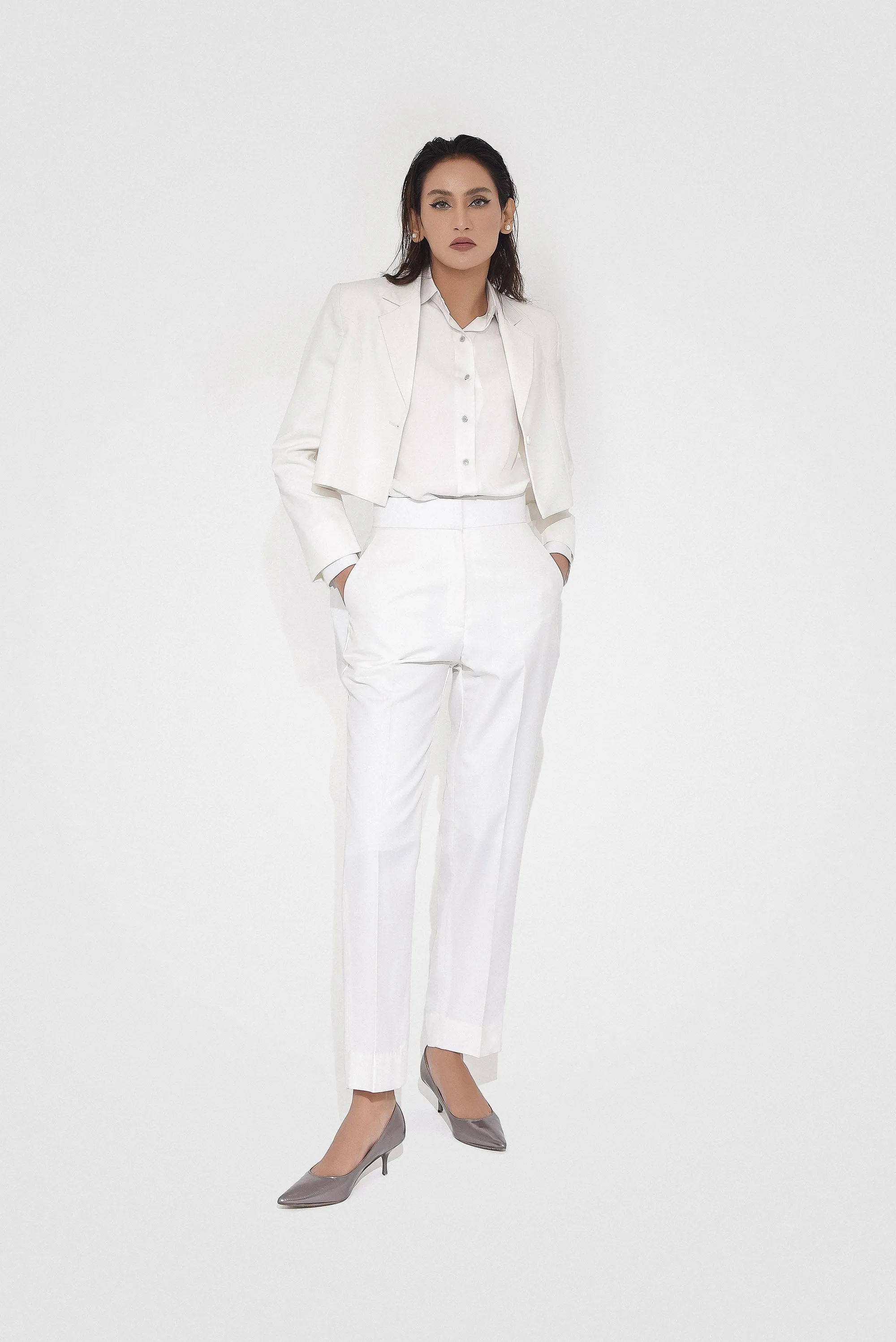 White Bird Crop Jacket Slacks Set